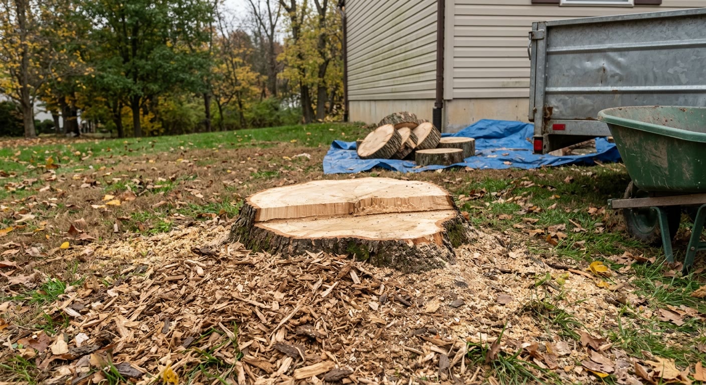 A freshly cut oak stump surrounded by wood chips, with log rounds stacked on a tarp